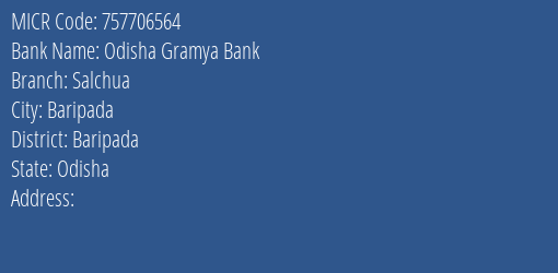 Odisha Gramya Bank Salchua Branch Address Details and MICR Code 757706564