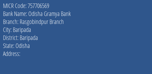 Odisha Gramya Bank Rasgobindpur Branch Branch Address Details and MICR Code 757706569