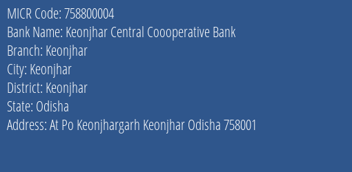 Keonjhar Central Coooperative Bank Keonjhar MICR Code