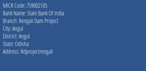 State Bank Of India Rengali Dam Project MICR Code