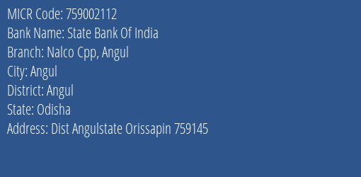 State Bank Of India Nalco Cpp Angul MICR Code