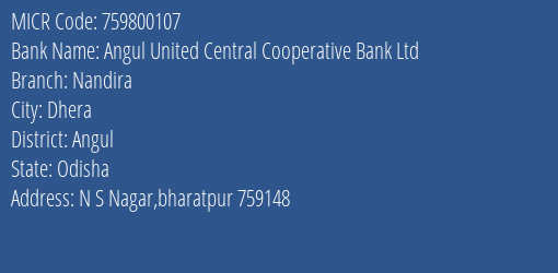 Angul United Central Cooperative Bank Ltd Nandira MICR Code