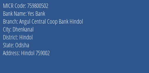 Angul United Central Cooperative Bank Ltd Hindol MICR Code
