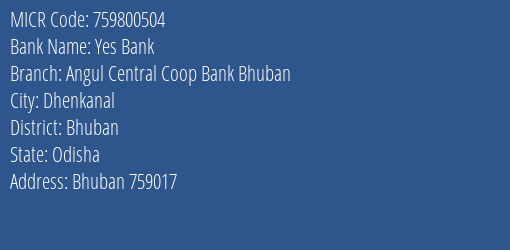 Angul United Central Cooperative Bank Ltd Bhuban MICR Code