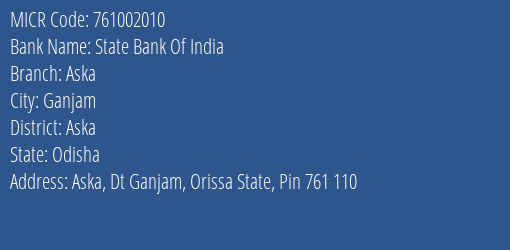 State Bank Of India Aska MICR Code