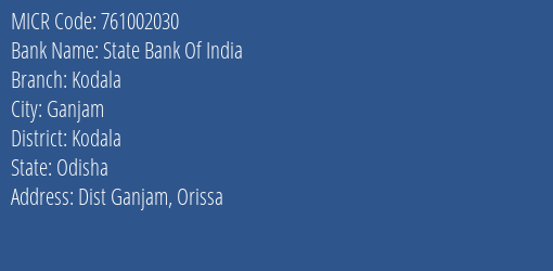 State Bank Of India Kodala MICR Code