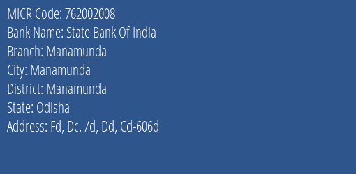 State Bank Of India Manamunda MICR Code