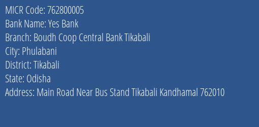 Boudh Coop Central Bank Tikabali MICR Code