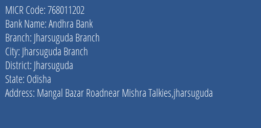 Andhra Bank Jharsuguda Branch MICR Code