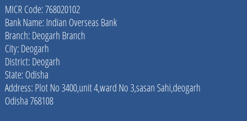 Indian Overseas Bank Deogarh Branch MICR Code