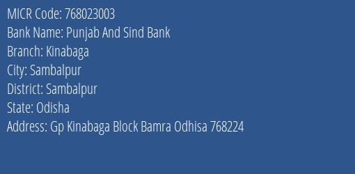Punjab And Sind Bank Kinabaga MICR Code