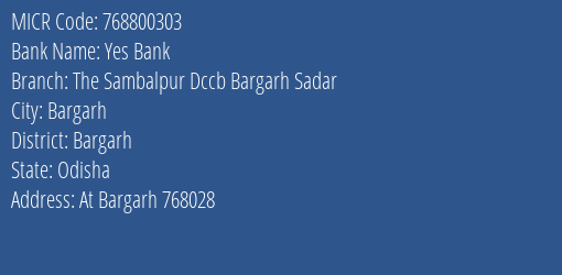 The Sambalpur District Cooperative Central Bank Ltd The Sambalpur Dccb Bargarh Sadar MICR Code