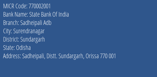 State Bank Of India Sadheipali Adb MICR Code