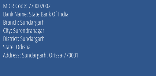 State Bank Of India Sundargarh MICR Code