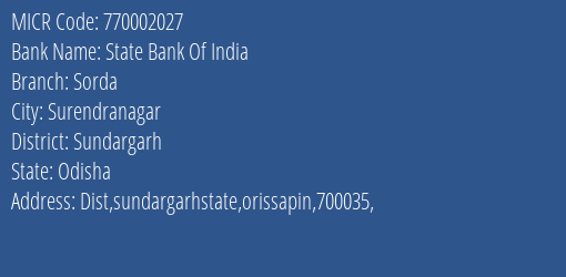 State Bank Of India Sorda MICR Code