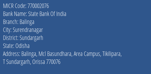 State Bank Of India Balinga MICR Code