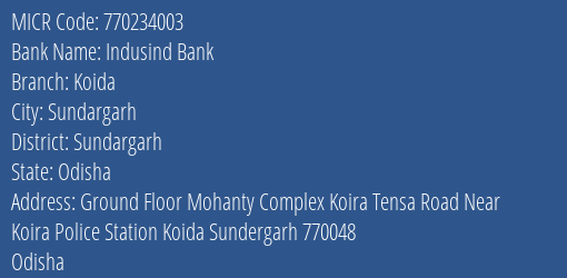 Indusind Bank Koida MICR Code