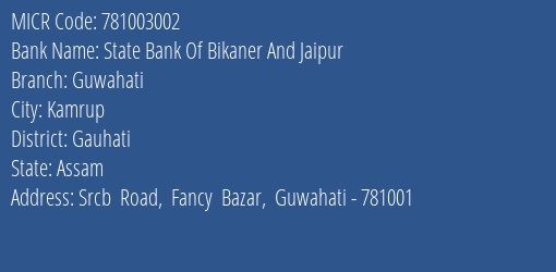 State Bank Of Bikaner And Jaipur Guwahati MICR Code