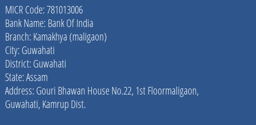 Bank Of India Kamakhya (maligaon) MICR Code