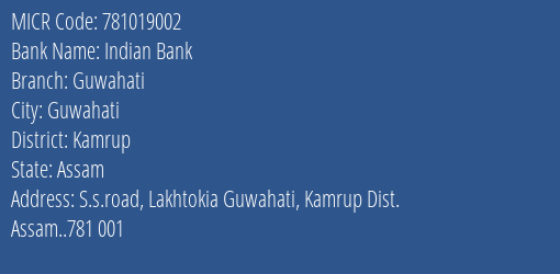 Indian Bank Guwahati MICR Code