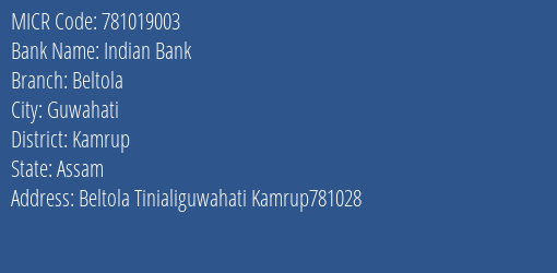 Indian Bank Beltola MICR Code