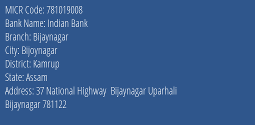 Indian Bank Bijaynagar MICR Code
