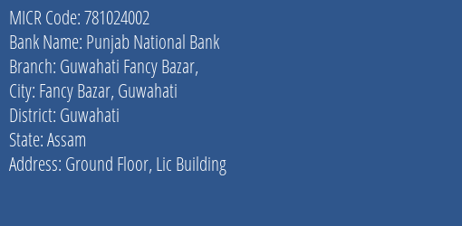 Punjab National Bank Guwahati Fancy Bazar MICR Code