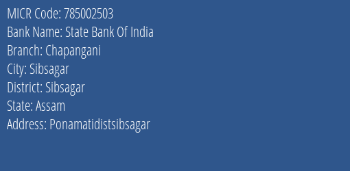 State Bank Of India Chapangani MICR Code