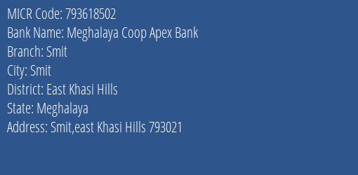 Meghalaya Coop Apex Bank Smit MICR Code