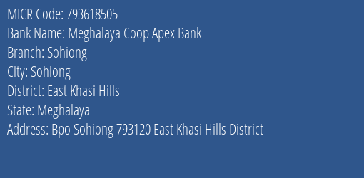 Meghalaya Coop Apex Bank Sohiong MICR Code