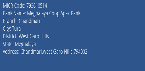 Meghalaya Coop Apex Bank Chandmari MICR Code