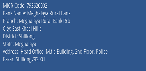 Meghalaya Rural Bank Meghalaya Rural Bank Rrb MICR Code