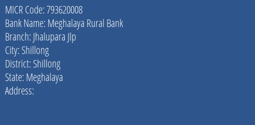 Meghalaya Rural Bank Jhalupara Jlp MICR Code