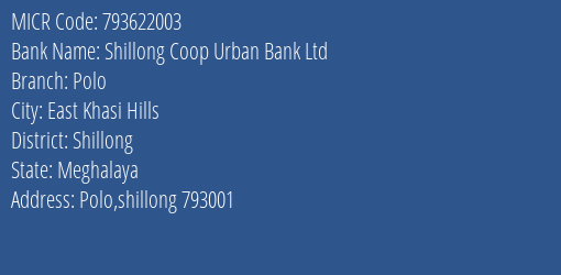 Shillong Coop Urban Bank Ltd Polo MICR Code