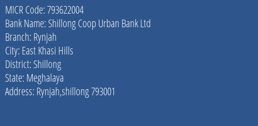 Shillong Coop Urban Bank Ltd Rynjah MICR Code