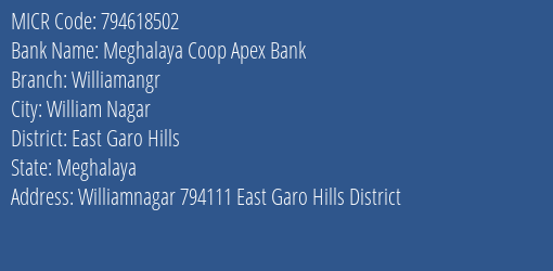 Meghalaya Coop Apex Bank Williamangr MICR Code
