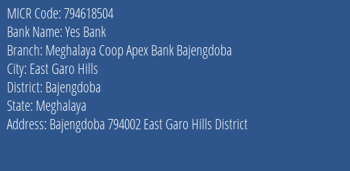 Meghalaya Coop Apex Bank Bajengdoba MICR Code