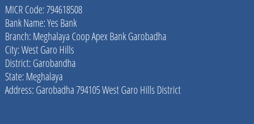 Meghalaya Coop Apex Bank Garobadha MICR Code