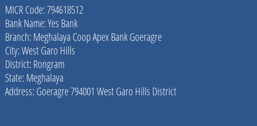 Meghalaya Coop Apex Bank Goeragre MICR Code