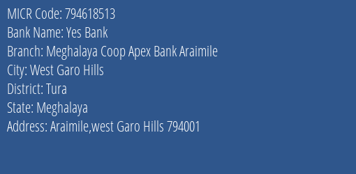 Meghalaya Coop Apex Bank Araimile MICR Code