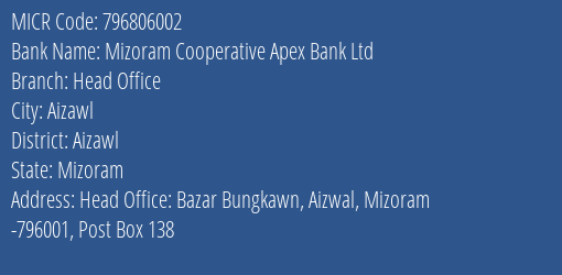 Mizoram Cooperative Apex Bank Ltd Head Office MICR Code