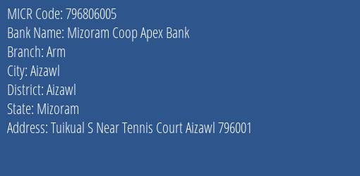 Mizoram Coop Apex Bank Arm MICR Code