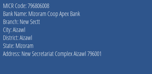 Mizoram Coop Apex Bank New Sectt MICR Code