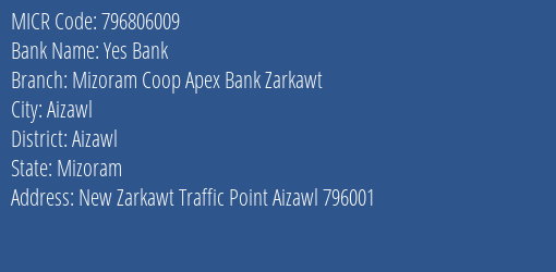 Mizoram Coop Apex Bank Zarkawt MICR Code