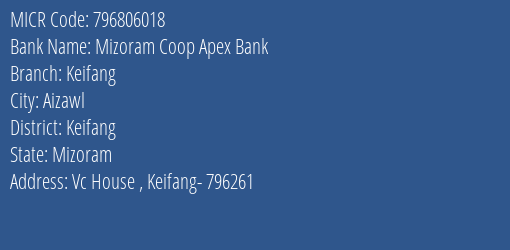 Mizoram Coop Apex Bank Keifang MICR Code