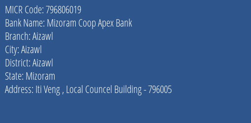 Mizoram Coop Apex Bank Aizawl MICR Code
