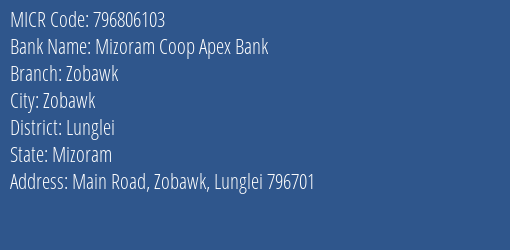 Mizoram Coop Apex Bank Zobawk MICR Code