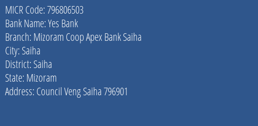 Mizoram Coop Apex Bank Saiha MICR Code