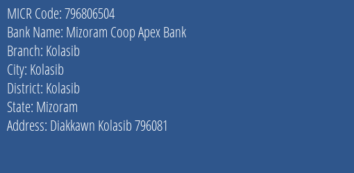 Mizoram Coop Apex Bank Kolasib MICR Code