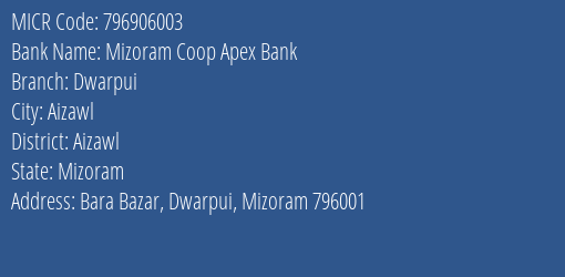 Mizoram Coop Apex Bank Dwarpui MICR Code